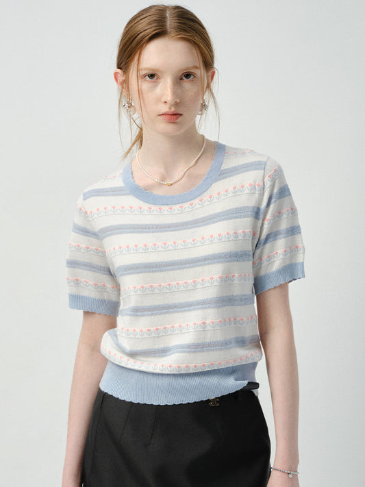 Scalloped Edge Floral Jacquard Knit Top