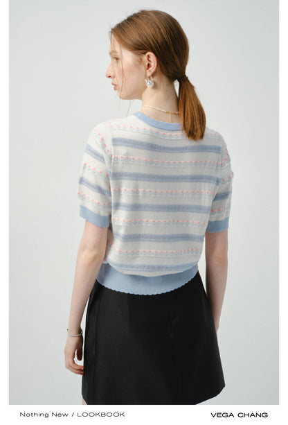 Scalloped Edge Floral Jacquard Knit Top