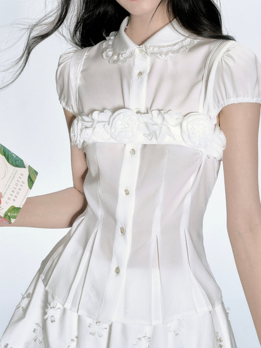 Puff-Sleeve Blouse, Floral Strapped Bandeau, Bubble Skirt