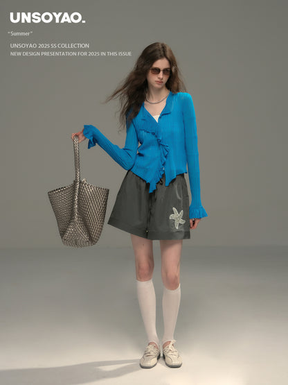 Ruffled Rib Knit Cardigan-Style Top