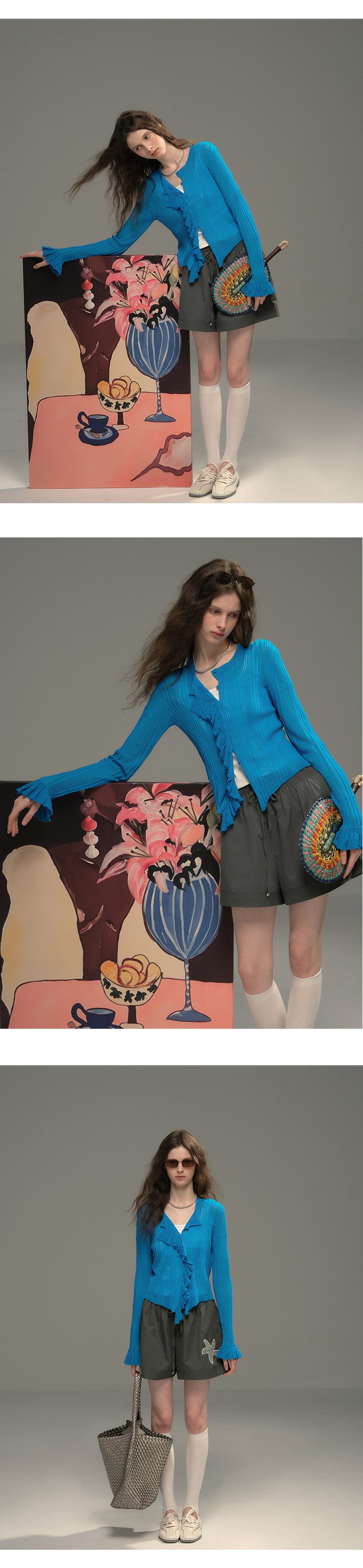 Ruffled Rib Knit Cardigan-Style Top
