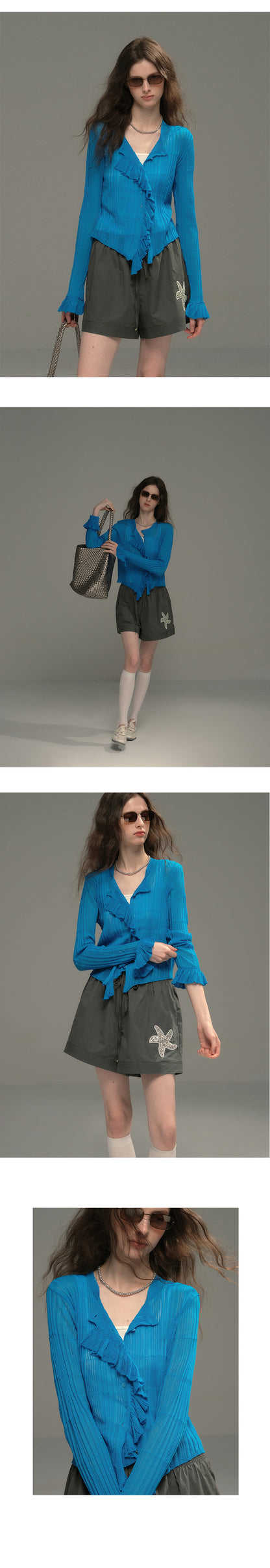 Ruffled Rib Knit Cardigan-Style Top