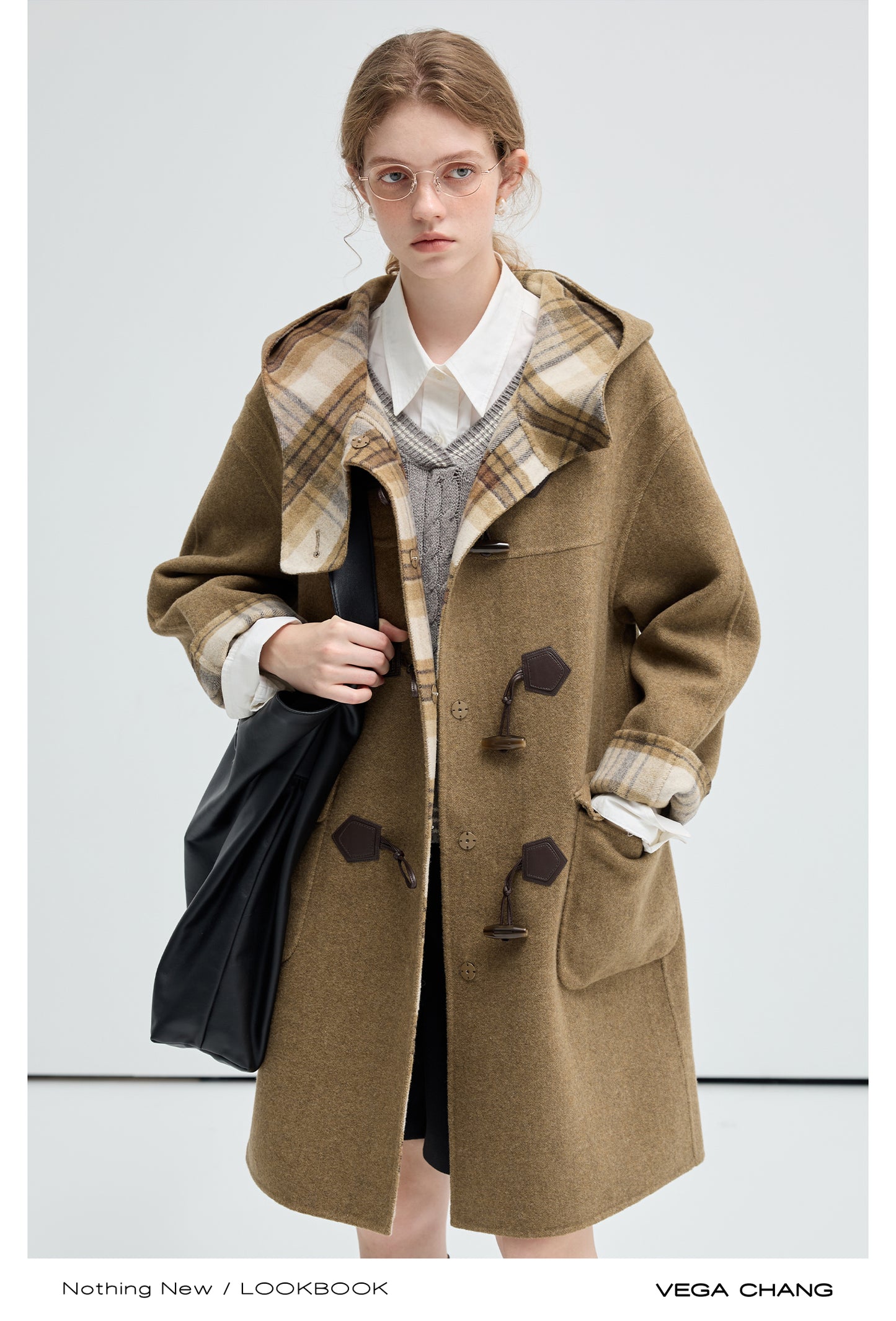 Plaid Wool Blend Reversible Hooded Coat