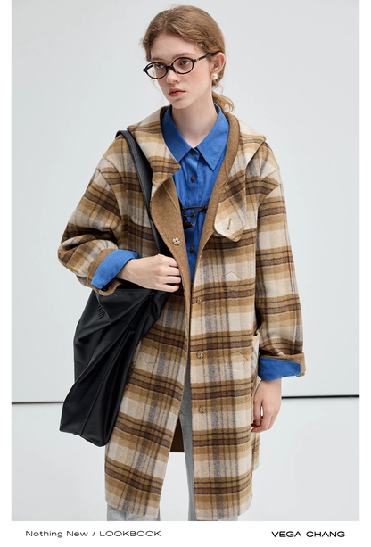 Plaid Wool Blend Reversible Hooded Coat