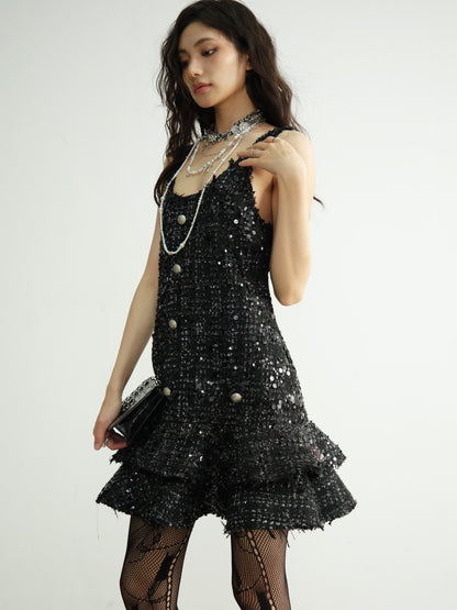 Sparkling Sequin Tiered Mini Dress With Raw Edge