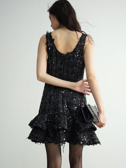 Sparkling Sequin Tiered Mini Dress With Raw Edge