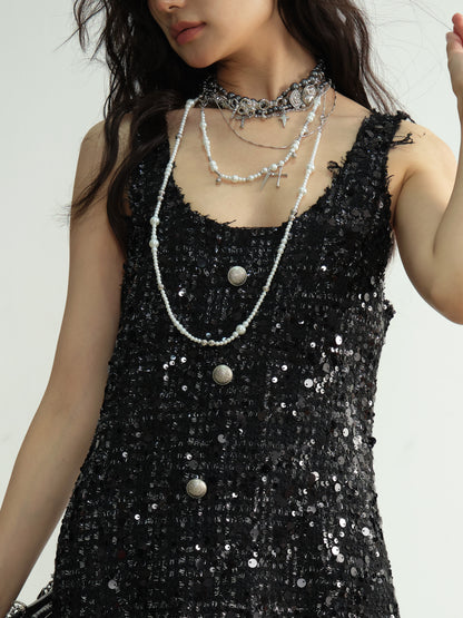 Sparkling Sequin Tiered Mini Dress With Raw Edge