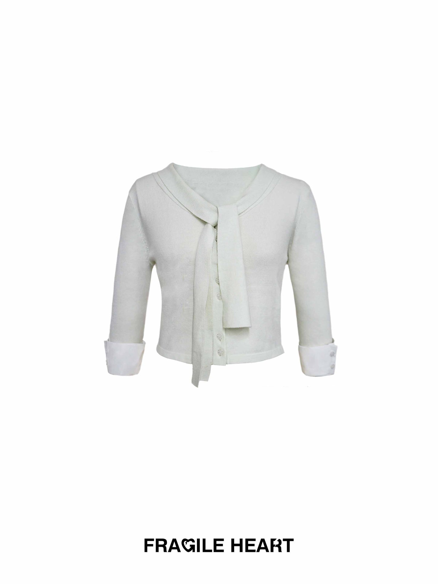 Tie-Neck Button-Up Knit Top With Buttoned Cuffs