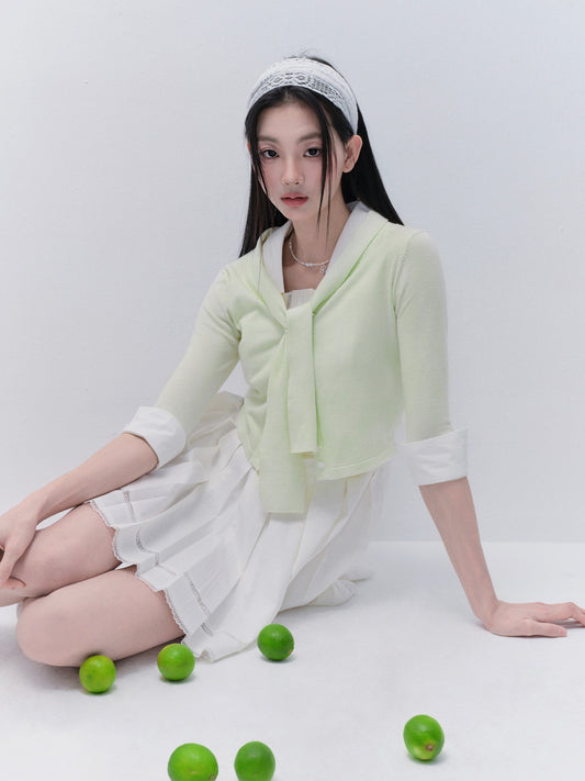 Tie-Neck Button-Up Knit Top With Buttoned Cuffs