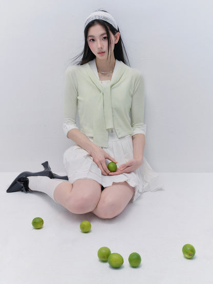 Tie-Neck Button-Up Knit Top With Buttoned Cuffs