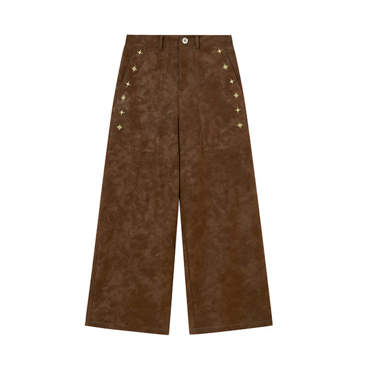 Embroidered Faux Leather Loose-Fit Pants