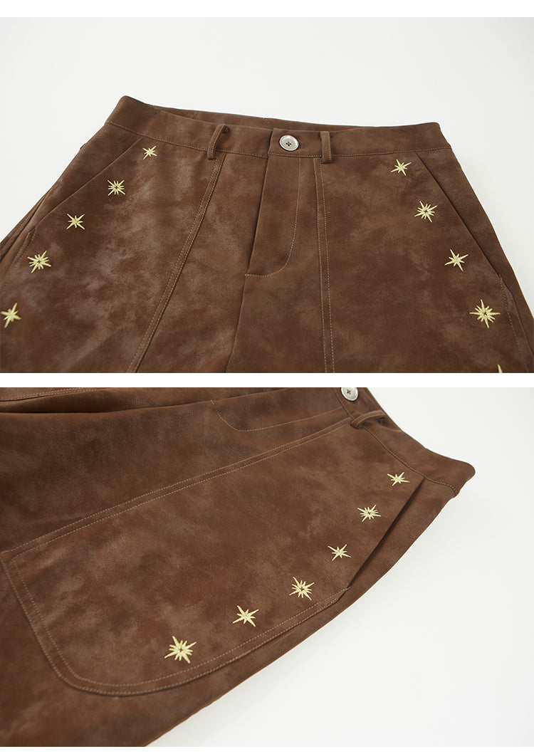 Embroidered Faux Leather Loose-Fit Pants