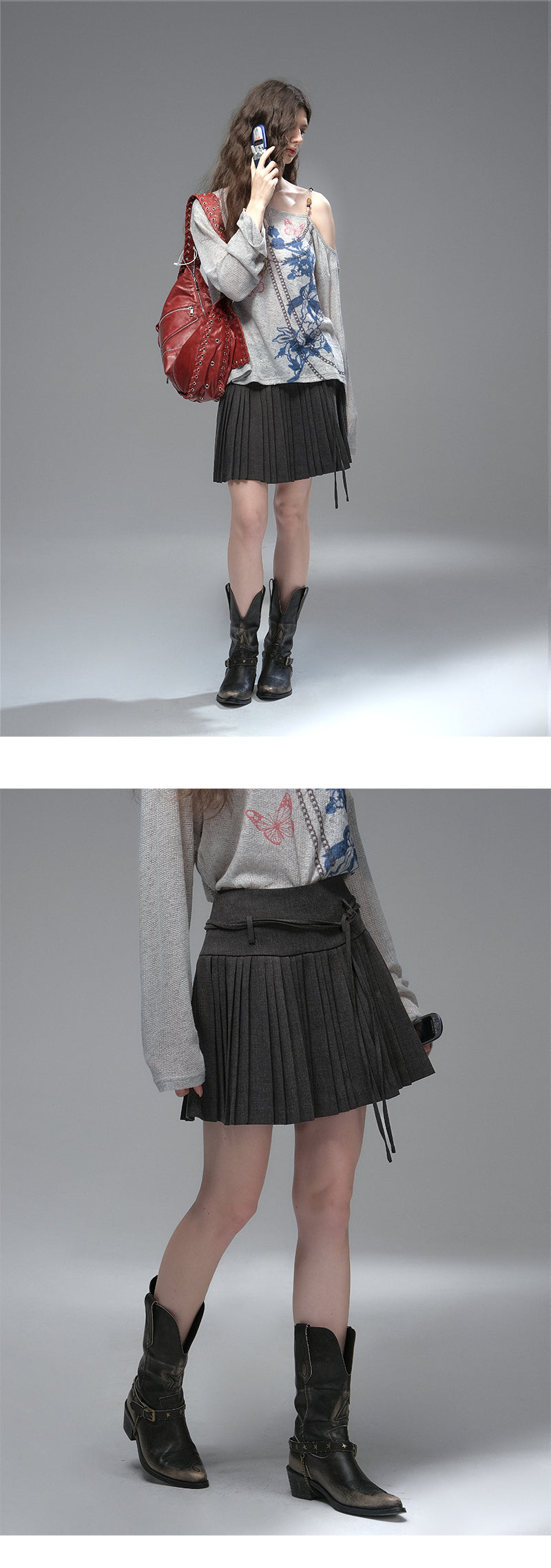 Wool Blend Accordion Pleated Skirt With Tie Belt