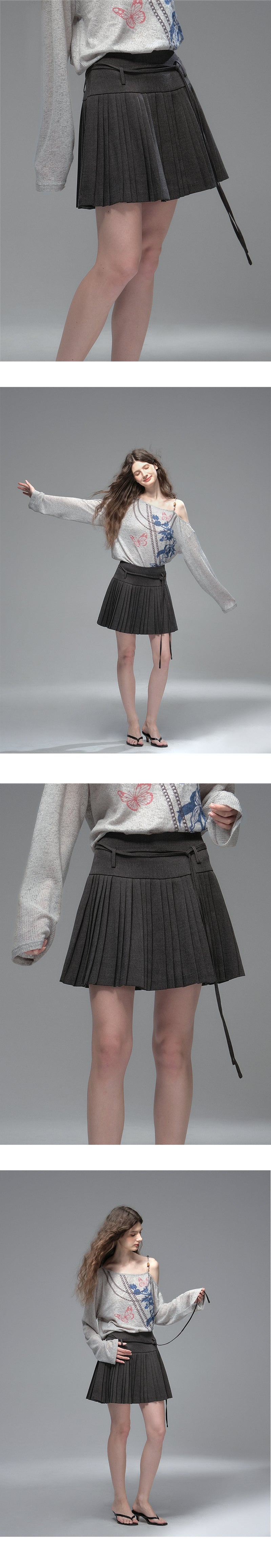 Wool Blend Accordion Pleated Skirt With Tie Belt
