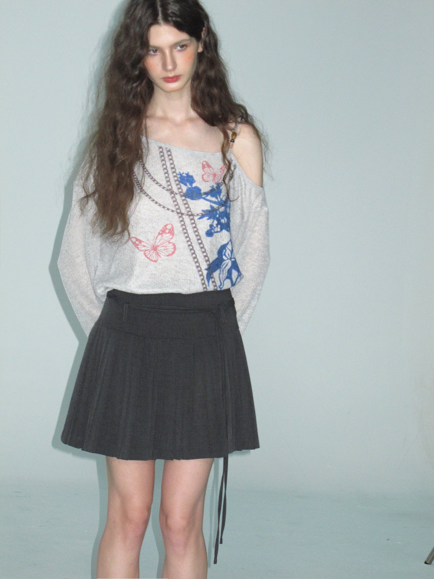 Wool Blend Accordion Pleated Skirt With Tie Belt
