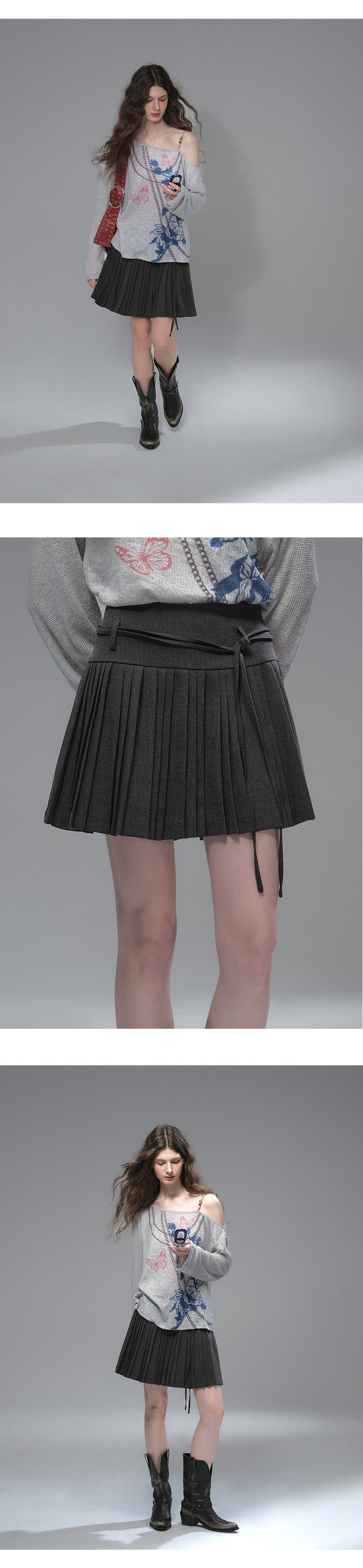 Wool Blend Accordion Pleated Skirt With Tie Belt