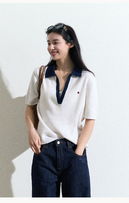 College-Style Wool-Blend Short-Sleeve Rib Knit Polo