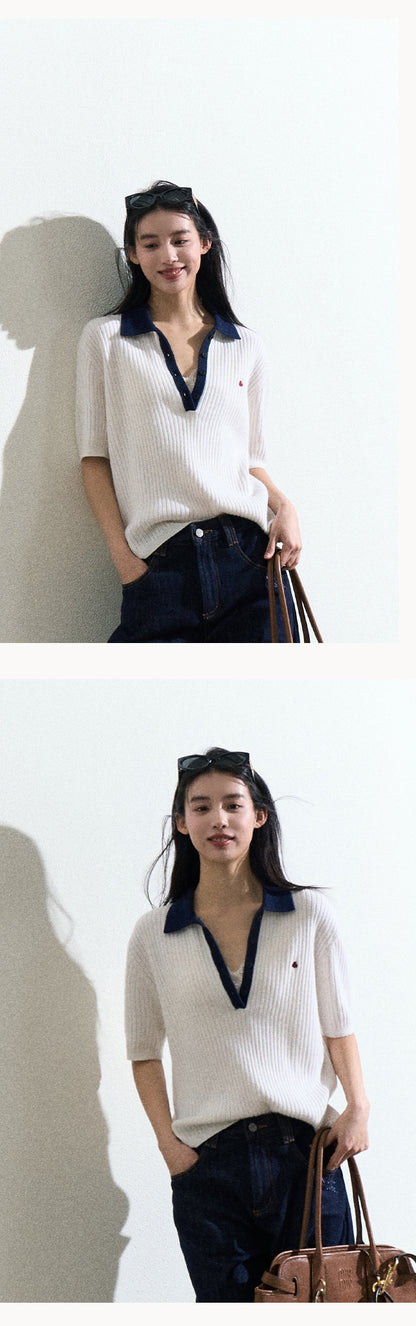 College-Style Wool-Blend Short-Sleeve Rib Knit Polo