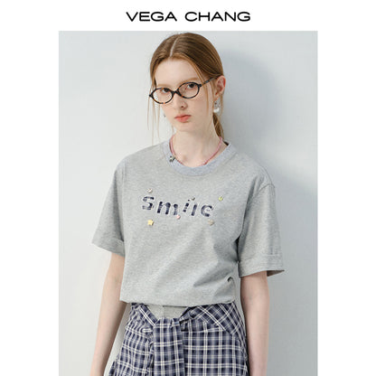 Letter Patch Tee & Plaid Skirt Pants