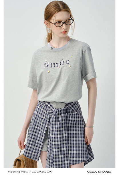 Letter Patch Tee & Plaid Skirt Pants