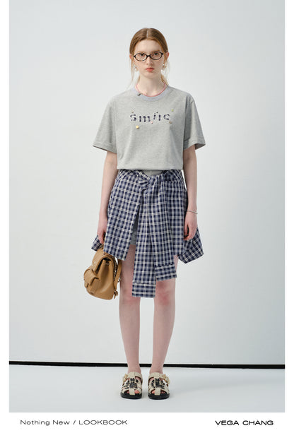 Letter Patch Tee & Plaid Skirt Pants