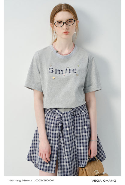 Letter Patch Tee & Plaid Skirt Pants