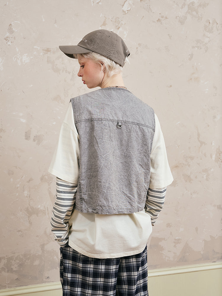 Washed Utility Vest With Flower Patches