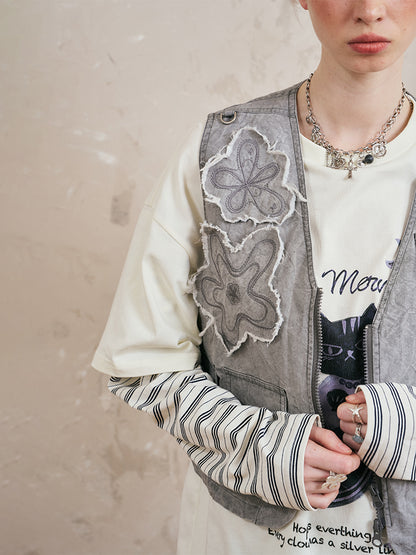 Washed Utility Vest With Flower Patches