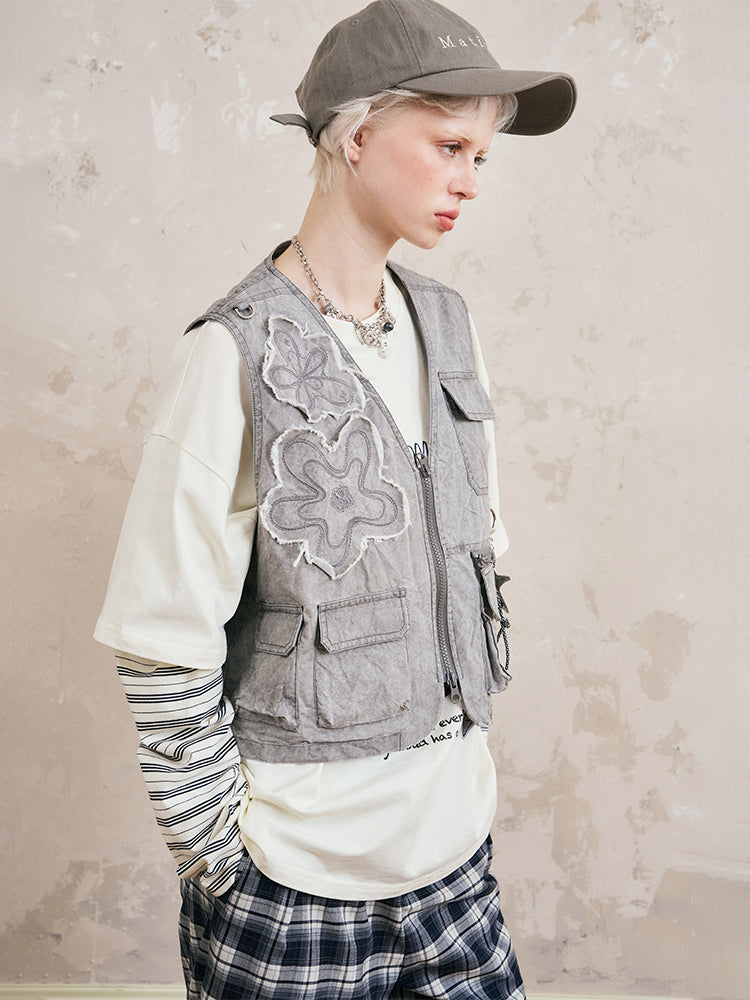 Washed Utility Vest With Flower Patches