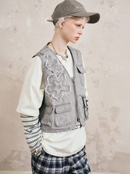 Washed Utility Vest With Flower Patches
