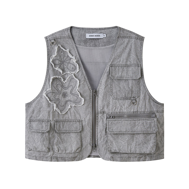 Washed Utility Vest With Flower Patches