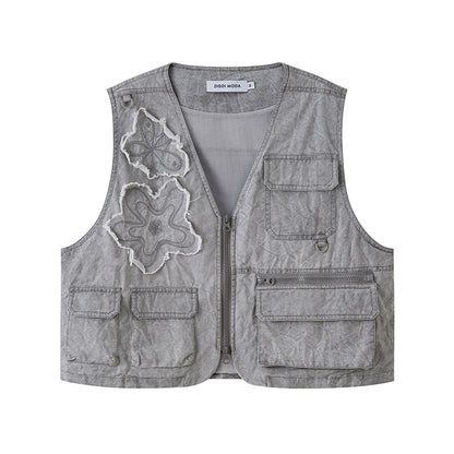 Washed Utility Vest With Flower Patches