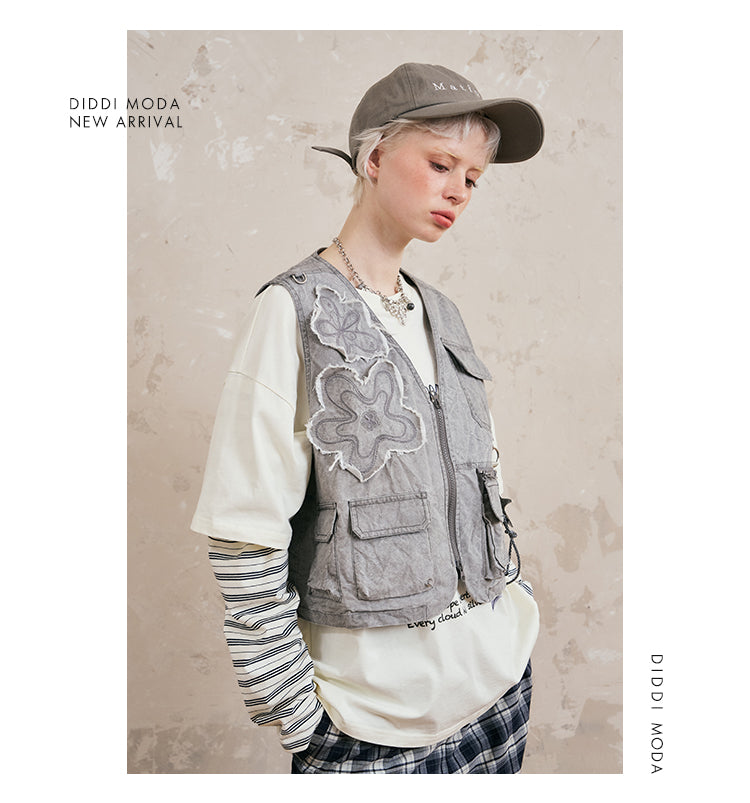 Washed Utility Vest With Flower Patches