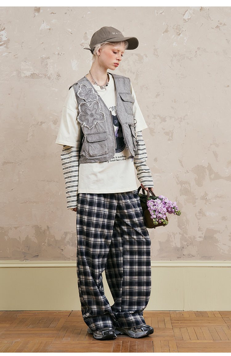 Washed Utility Vest With Flower Patches