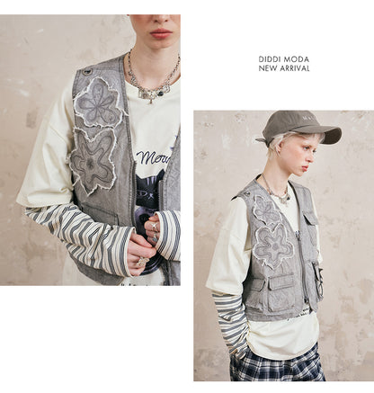 Washed Utility Vest With Flower Patches