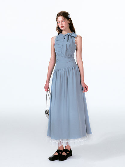 Lace Trim Asymmetrical Ruched Tie Neck Maxi Dress