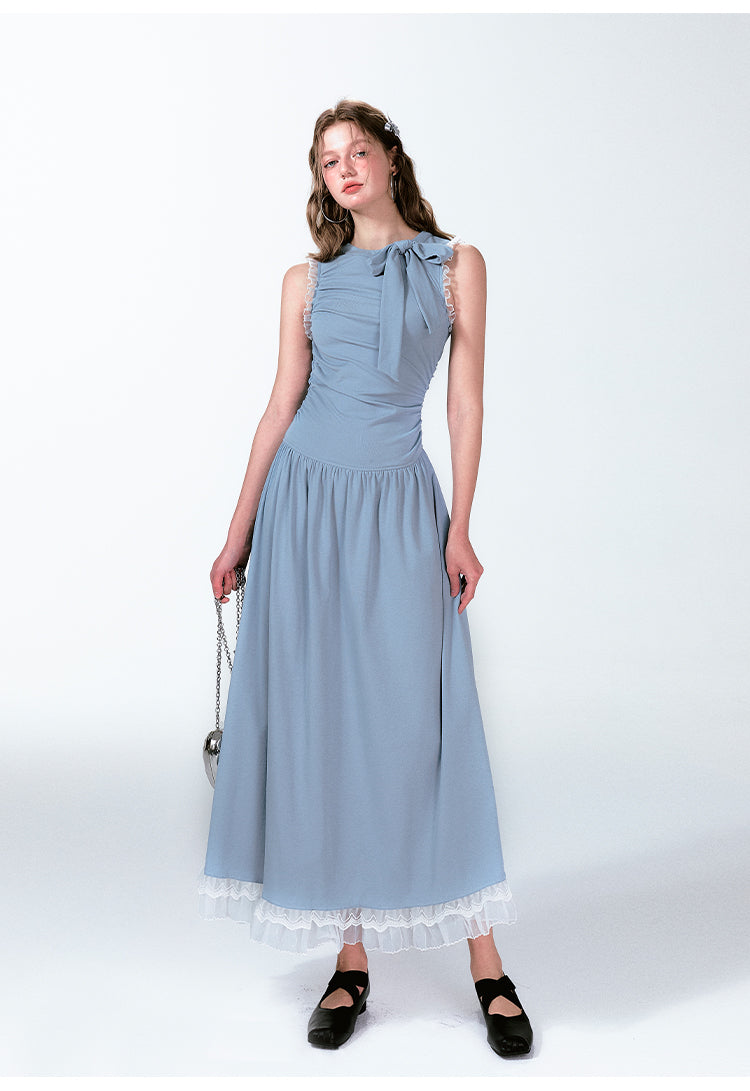 Lace Trim Asymmetrical Ruched Tie Neck Maxi Dress