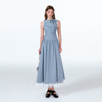 Lace Trim Asymmetrical Ruched Tie Neck Maxi Dress