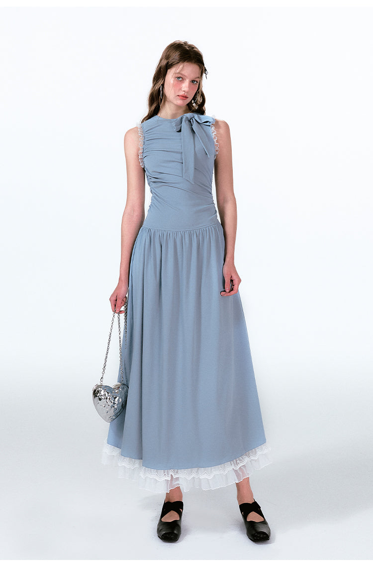 Lace Trim Asymmetrical Ruched Tie Neck Maxi Dress