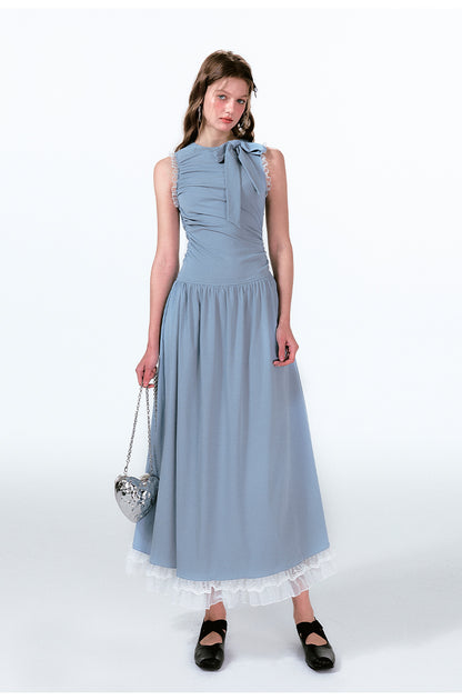 Lace Trim Asymmetrical Ruched Tie Neck Maxi Dress