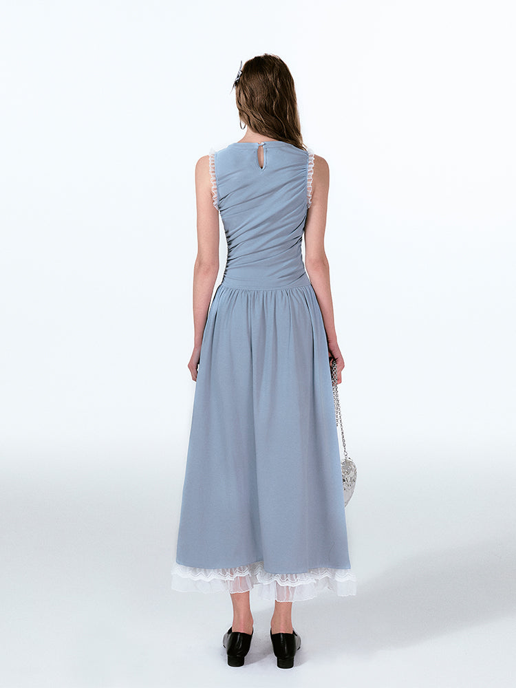 Lace Trim Asymmetrical Ruched Tie Neck Maxi Dress