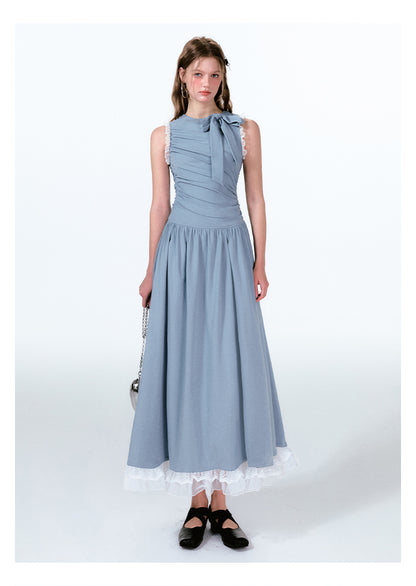 Lace Trim Asymmetrical Ruched Tie Neck Maxi Dress