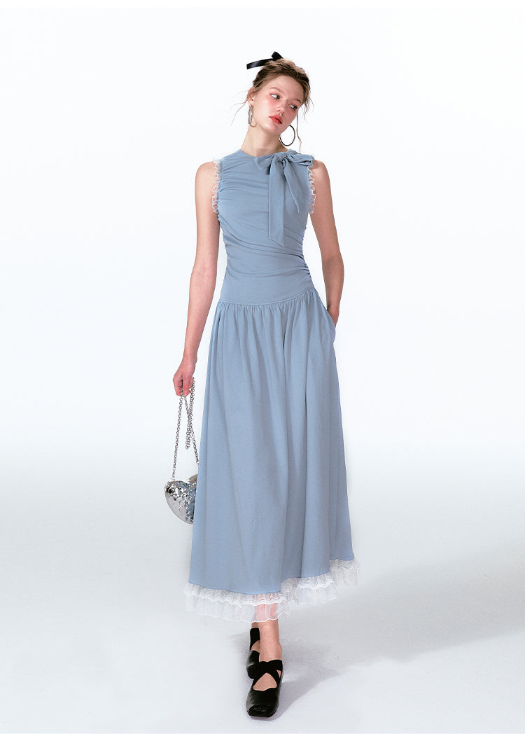 Lace Trim Asymmetrical Ruched Tie Neck Maxi Dress