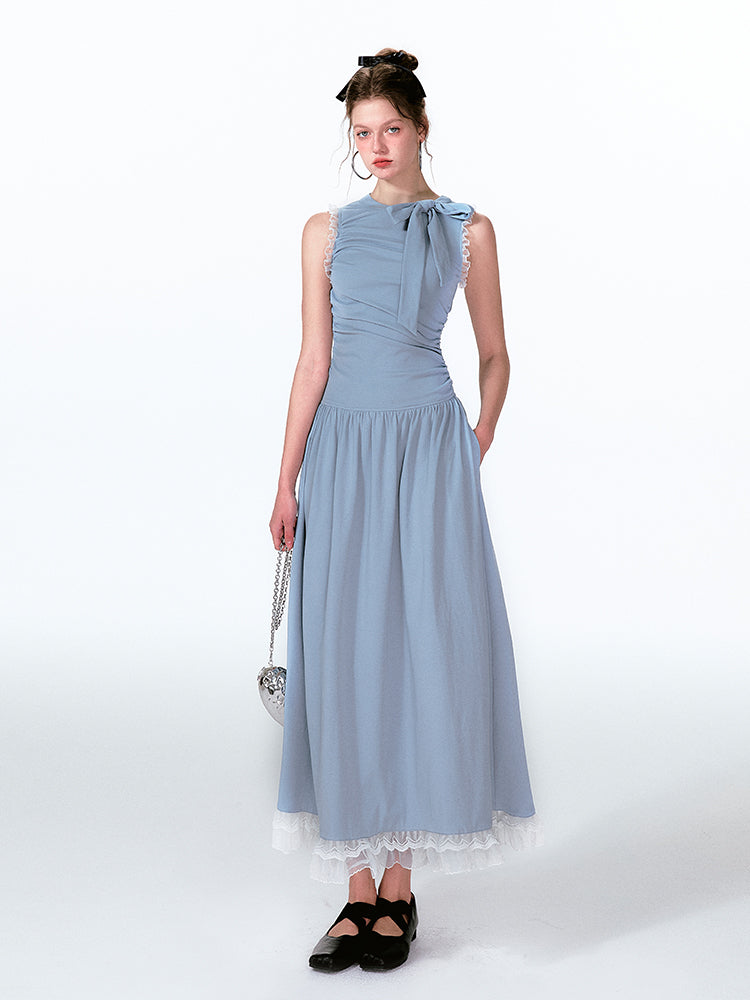 Lace Trim Asymmetrical Ruched Tie Neck Maxi Dress
