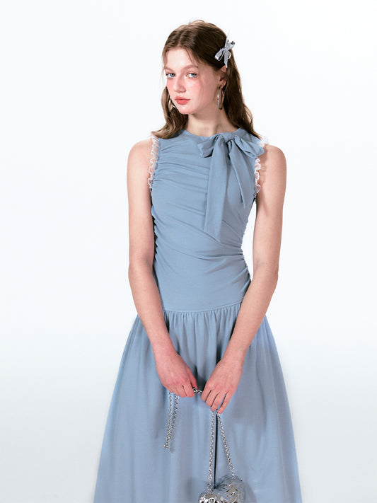 Lace Trim Asymmetrical Ruched Tie Neck Maxi Dress