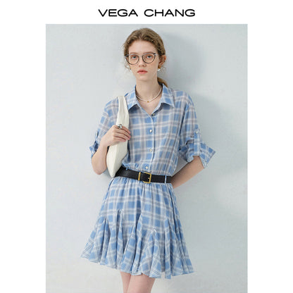 Plaid Ruffled Hem Dress With Strap Sleeves