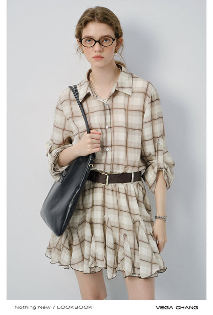 Plaid Ruffled Hem Dress With Strap Sleeves