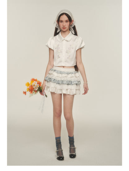 Sheen Floral Embroidered Blouse With Bubble Sleeves