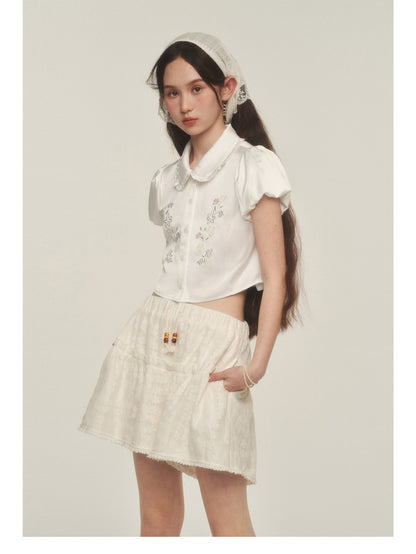 Sheen Floral Embroidered Blouse With Bubble Sleeves