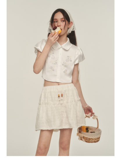Sheen Floral Embroidered Blouse With Bubble Sleeves